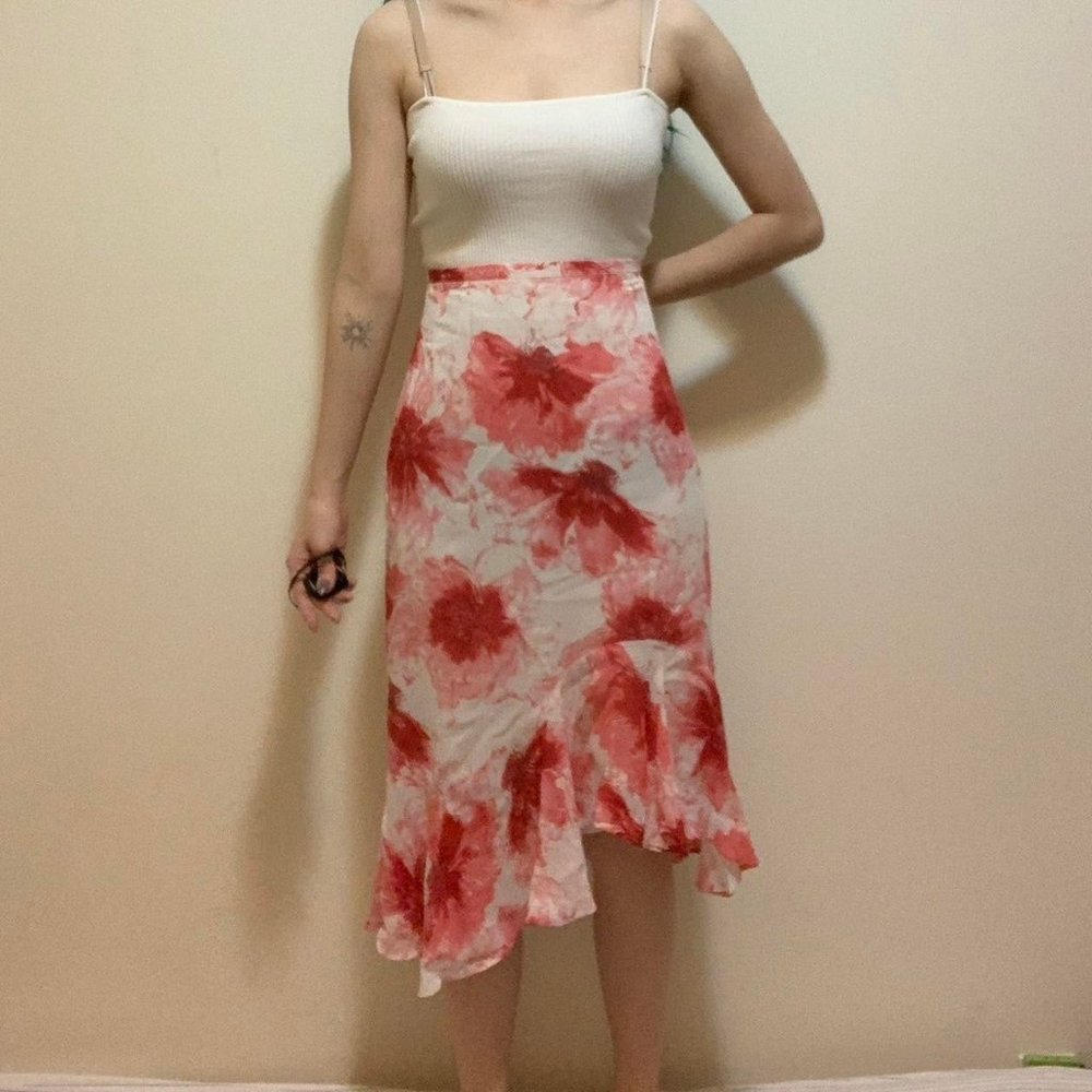 Vintage Un Deux Trois Red White Floral Midi Skirt Asymmetrical Flowy Watercolor